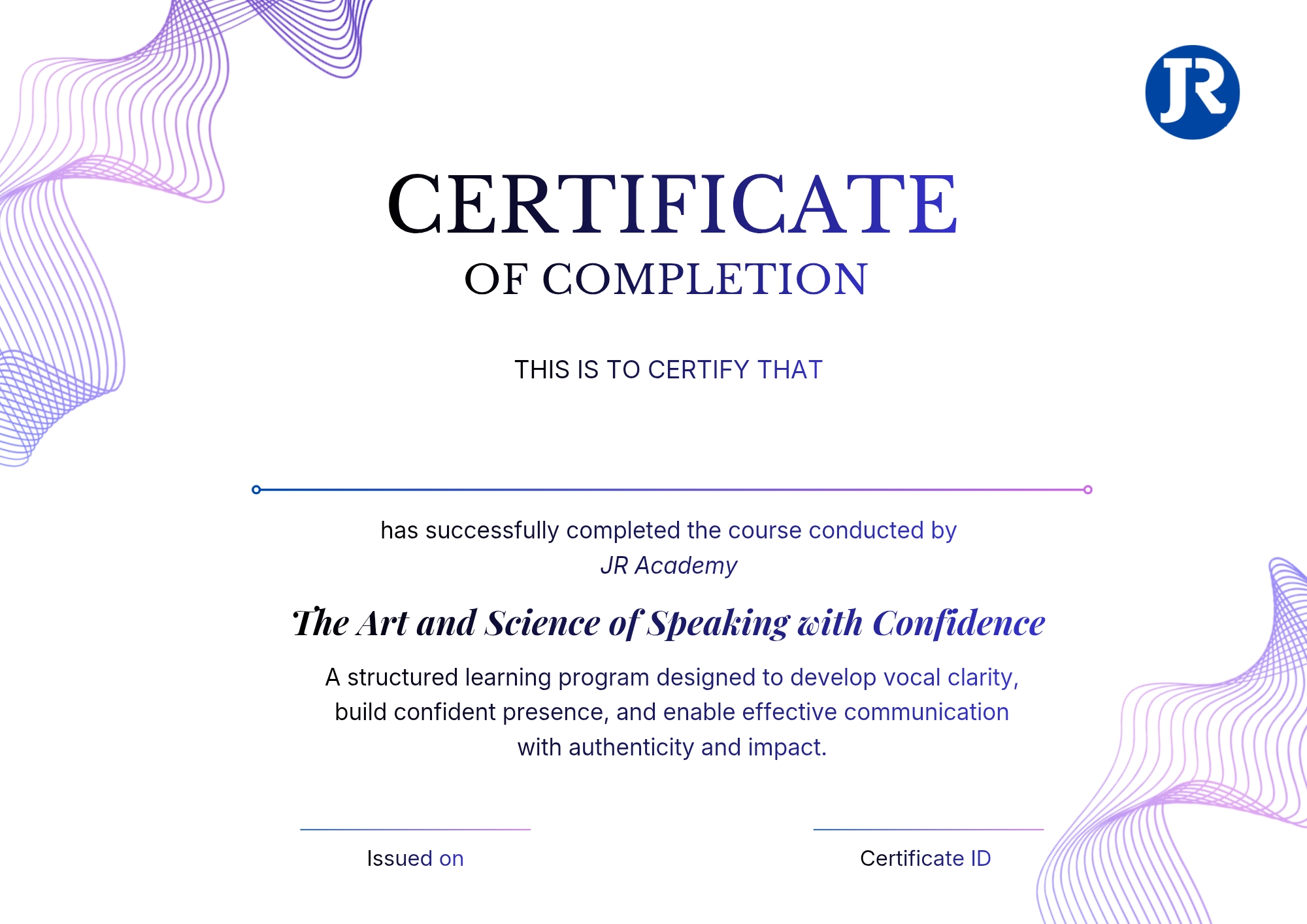 JR Academy certificate of completion